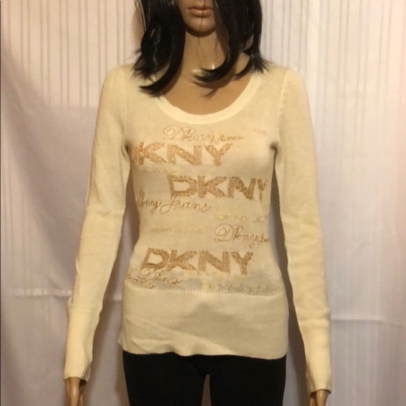 DKNY Jeans Sweater Cream colored with Gold design - Picture 1 of 10